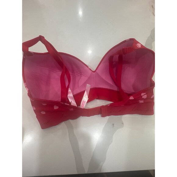 Victorias Secret Pink Red Bra With White Hearts 34DD Adjustable Straps Stretch B - Picture 2 of 6